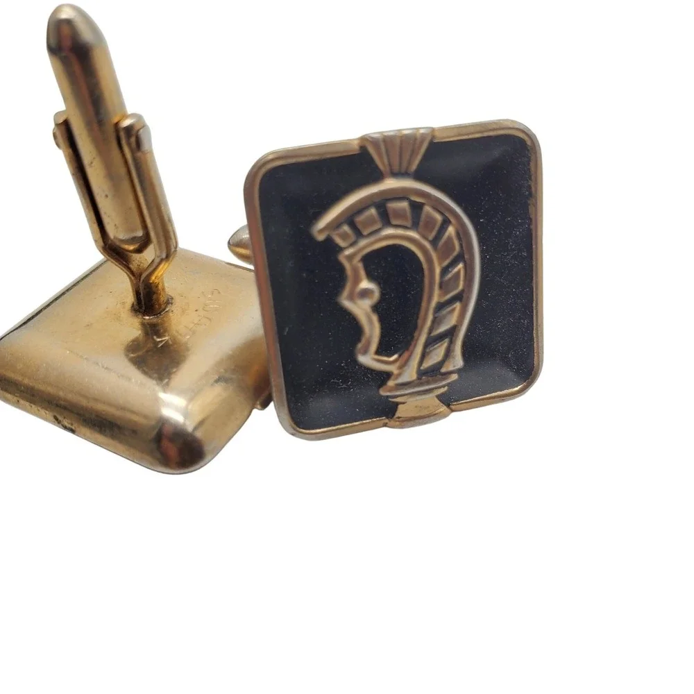 Swank Knight Black Enamel Cufflinks Square Gold Tone Soldier Warrior Vintage
